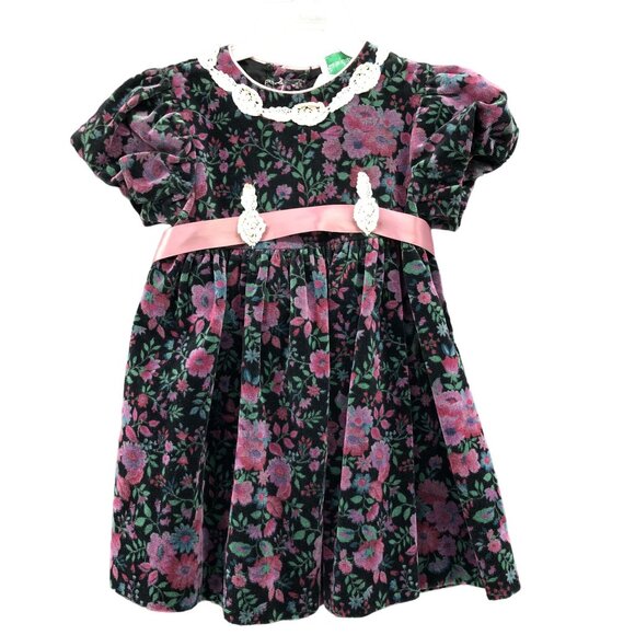 Vintage 90s Rare Editions Girls 2T Dress Velvet Puff Sleeve Floral Union Made - Picture 1 of 7